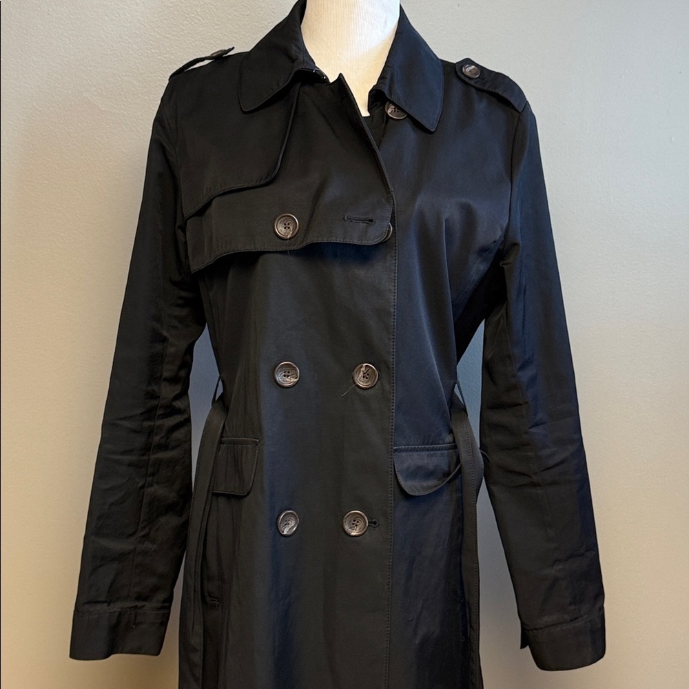 Vince Camuto Black Trench Coat Lightweight Button Front L - Picture 2 of 7